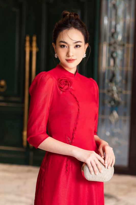 Áo dài tết màu đỏ tay lỡ KK120-16 | Thời trang công sở K&K Fashion