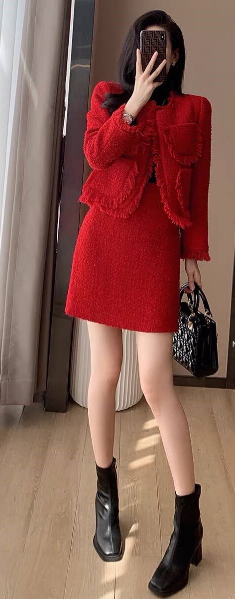 S1075-Set len cao cấp bé gái, áo len đỏ và chân váy dạ xếp ly
