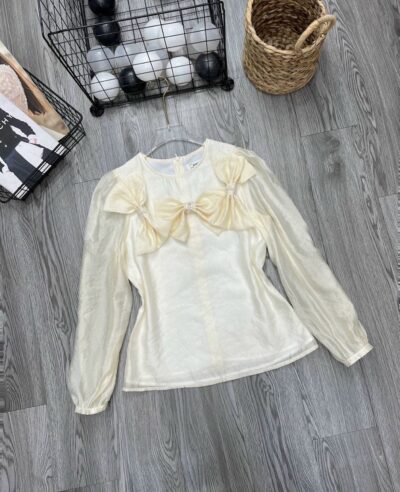 Áo Nơ Hai Lớp Phối Tơ Tay Cách Điệu Tone Kem - VADLADY
