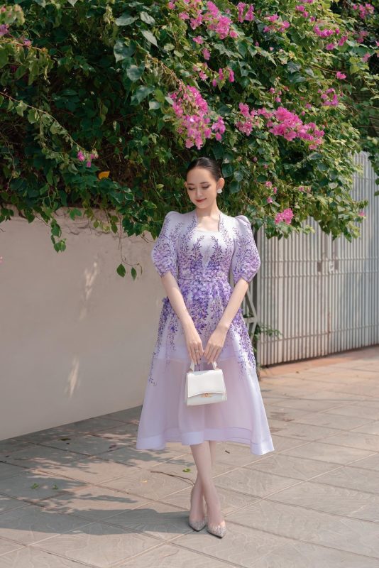 Đầm dập ly nơ cổ tơ Tím nhạt – Thoitranght.com.vn