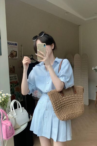 Đầm/Váy Thiết Kế Dáng Liền Ngắn Kèm Chun Eo Xếp Ly Chân Váy Xanh – VADLADY