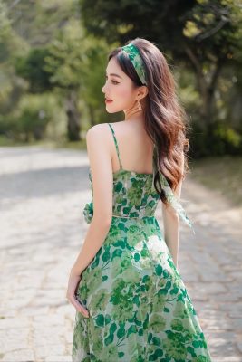 Đầm/Váy Đẹp Maxi Hai Dây Thiết Kế Họa Tiết Hoa Lá Xanh Thời Trang Nữ - VADLADY