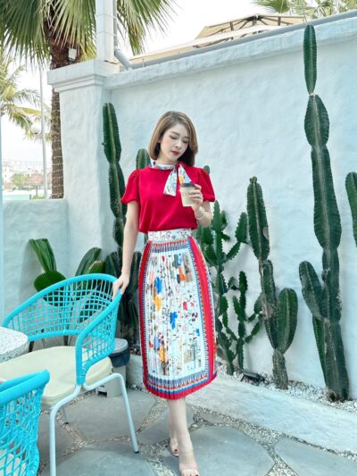 Set/Bộ Áo Và Chân Váy Phối Thổ Cẩm Đỏ Sang Trọng Thời Trang Nữ - VADLADY