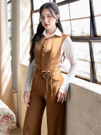 Set đồ nâu phối ren tay dài sang trọng - Vadlady