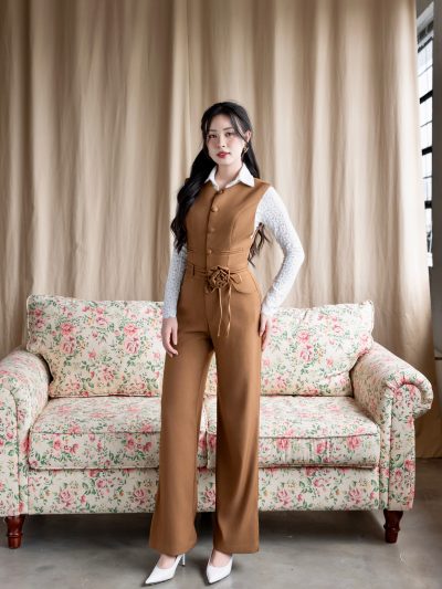 Set đồ nâu phối ren tay dài sang trọng VADLADY