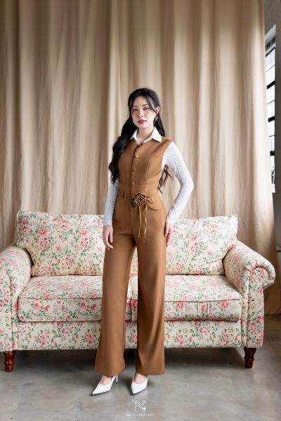Set đồ nâu phối ren tay dài sang trọng VADLADY