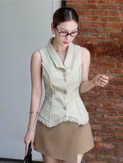 Set Áo Gile Cổ Bẻ Sang Trọng Mix Chân Váy Chữ A - VADLADY