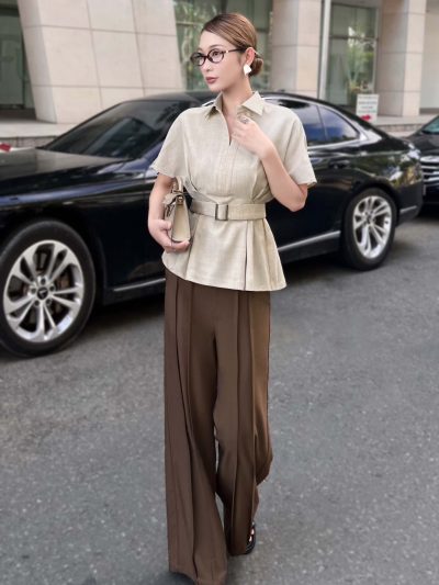 Set/Bộ Áo Đai Eo Phối Quần Suông Nâu Thanh Lịch - VADLADY