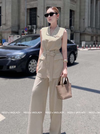 Set Vest Ghi Lê Quần Ống Rộng Thanh Lịch Nữ - VADLADY