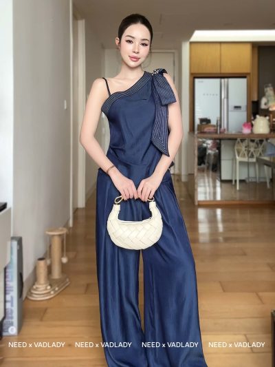 Bộ/Set Đồ Nữ Xanh Phối Nơ Lệch Vai Cao Cấp - VADLADY