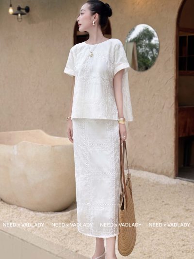 Set Áo Kiểu Chân Váy Ren Dài Thời Trang Sang Trọng - VADLADY