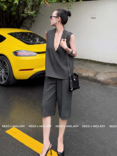 Set Áo Ghi Lê Cổ V Quần Culottes Hiện Đại Nữ - VADLADY