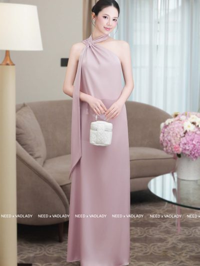 Đầm/Váy Dạ Hội Lệch Vai Lụa Hồng Sang Trọng - VADLADY