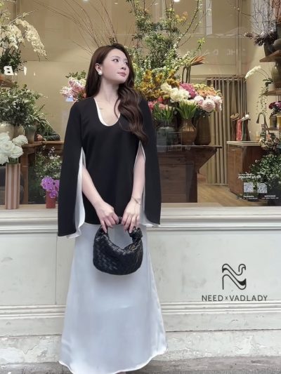 Set Đồ Nữ Sang Trọng Áo Kiểu Tay Xẻ Váy Lụa - VADLADY