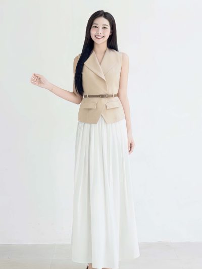 Set Vest Nữ Thanh Lịch Phối Chân Váy Dài Xếp Ly - VADLADY