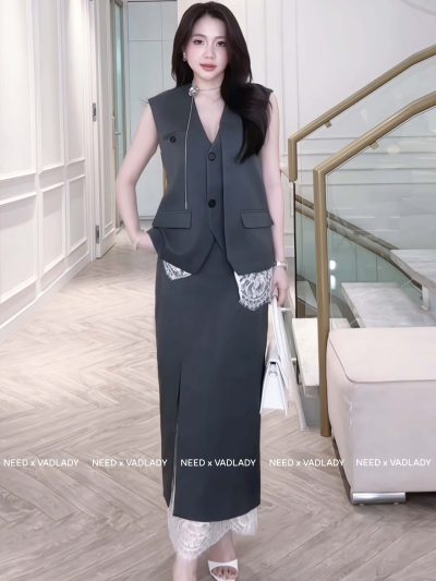 Set Vest Ghi Tối Kèm Váy Ren Dài Sang Trọng - VADLADY