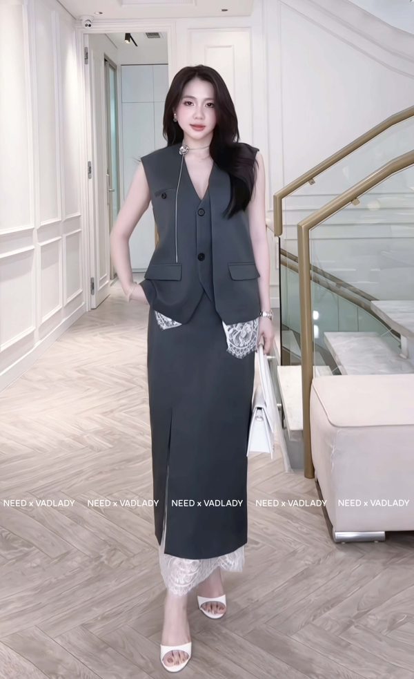 Set Vest Ghi Tối Kèm Váy Ren Dài Sang Trọng - VADLADY
