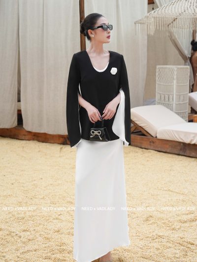 Set Áo Dài Tay Xẻ Cánh Dơi Trắng Đen Thanh Lịch - VADLADY