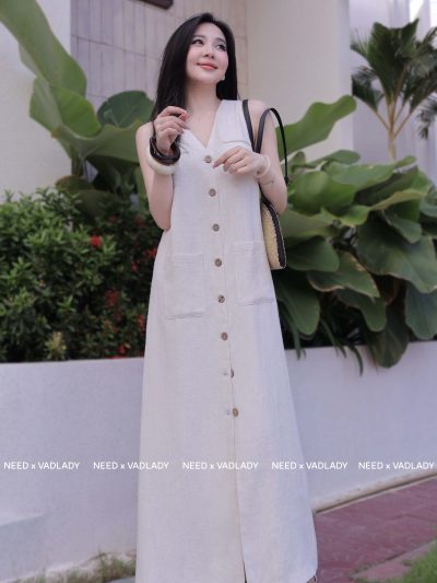 Đầm/Váy Linen Dáng Dài Cổ V Dáng Suông Cài Nút - VADLADY