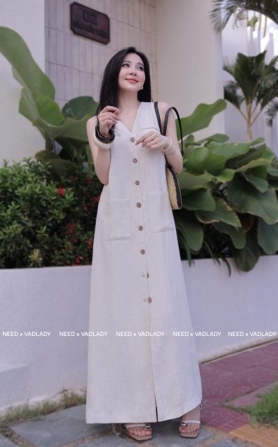 Đầm/Váy Linen Dáng Dài Cổ V Dáng Suông Cài Nút - VADLADY