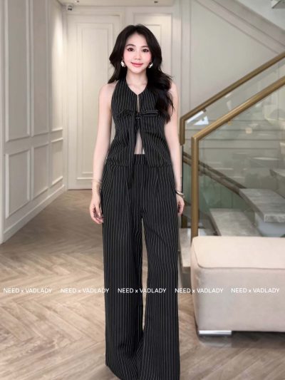 Set/Bộ Quần Ống Rộng Kẻ Sọc Cổ Yếm Sang Trọng - VADLADY