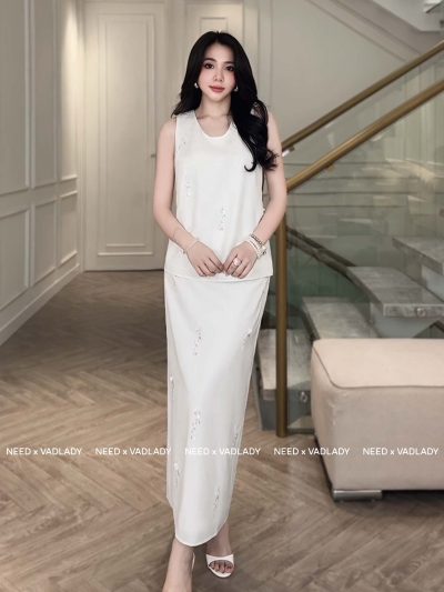 Bộ/Set Váy Trắng Đính Cườm Dáng Suông Thanh Lịch - VADLADY