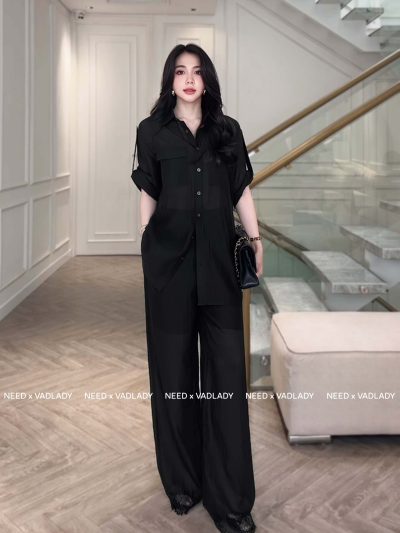 Set Đồ Tơ Nhũ Đen Dài Tay Quần Rộng Thanh Lịch - VADLADY