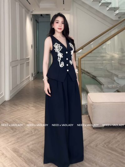 Set Áo Gile Thêu Hoa Quần Ống Rộng Xanh Than - VADLADY