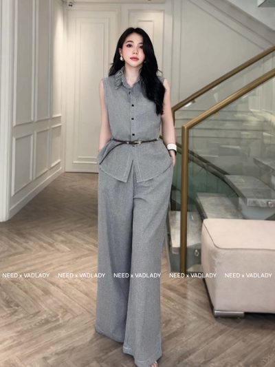 Set Áo Sát Nách Quần Ống Rộng Màu Xám Công Sở - VADLADY