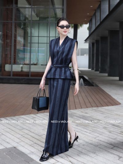 Set Áo Váy Xẻ Tà Sọc Dọc Thanh Lịch - VADLADY