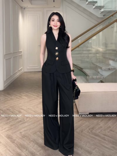 Set Gile Đen Không Tay Quần Ống Rộng Thanh Lịch - VADLADY
