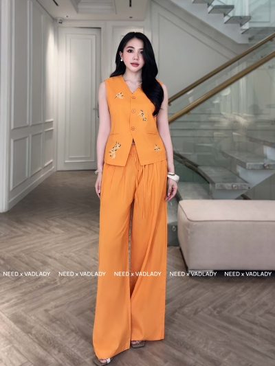 Bộ/Set Gile Cam Quần Ống Rộng Thêu Hoa Thanh Lịch-VADLADY