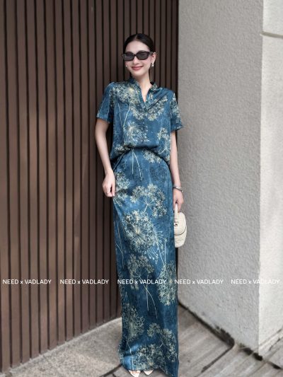 Đầm Lụa Dáng Dài Xanh Họa Tiết Hoa Thanh Lịch - VADLADY