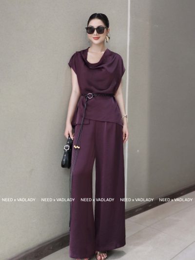 Bộ Cánh Lụa Tím Cổ Đổ Đai Thắt Eo Sành Điệu - VADLADY