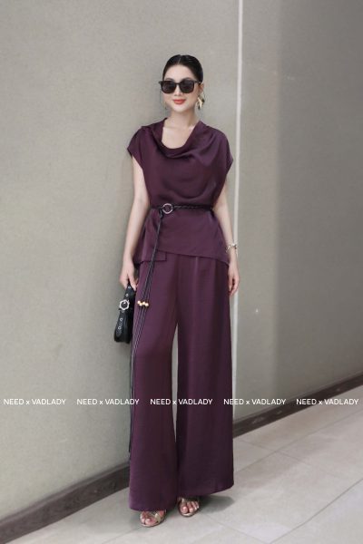 Bộ Cánh Lụa Tím Cổ Đổ Đai Thắt Eo Sành Điệu - VADLADY