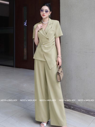 Bộ Vest Nữ Xanh Bơ Thiết Kế Tay Ngắn Quần Ống Suông - VADLADY
