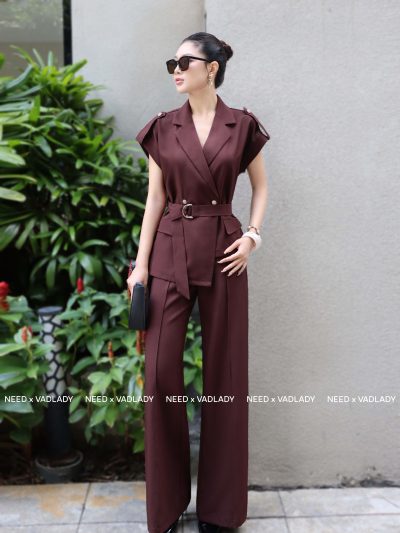 Bộ Đồ Nâu Cà Phê Vest Cộc Tay Quần Ống Rộng - VADLADY
