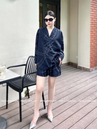 Set Quần Áo Sơ Mi Dài Tay Xanh Than Quần Short - VADLADY