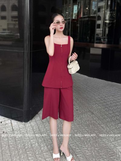 Set Áo Đỏ Đô Và Quần Lửng Ống Rộng Thanh Lịch - VADLADY