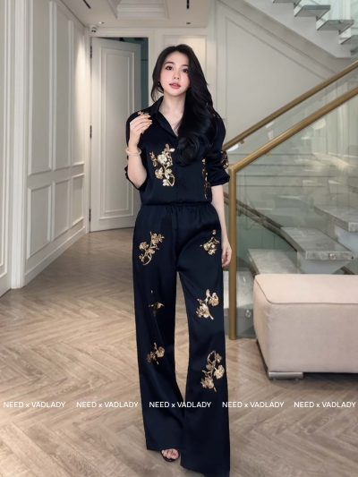 Bộ Quần Áo Lụa Hàn Phối Kim Sa Cao Cấp - VADLADY