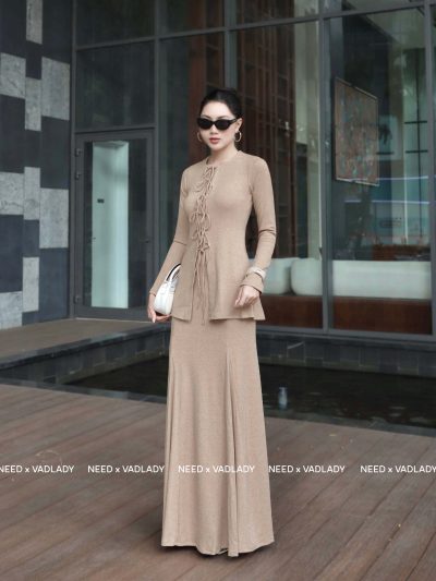 Set Váy Nâu Tay Dài Dây Buộc Sang Trọng - VADLADY